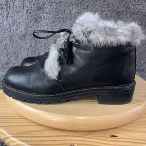 Stuart Weitzman Leather Boots Women Size 8 Black Gray Faux Fur Lined Ankle Spain